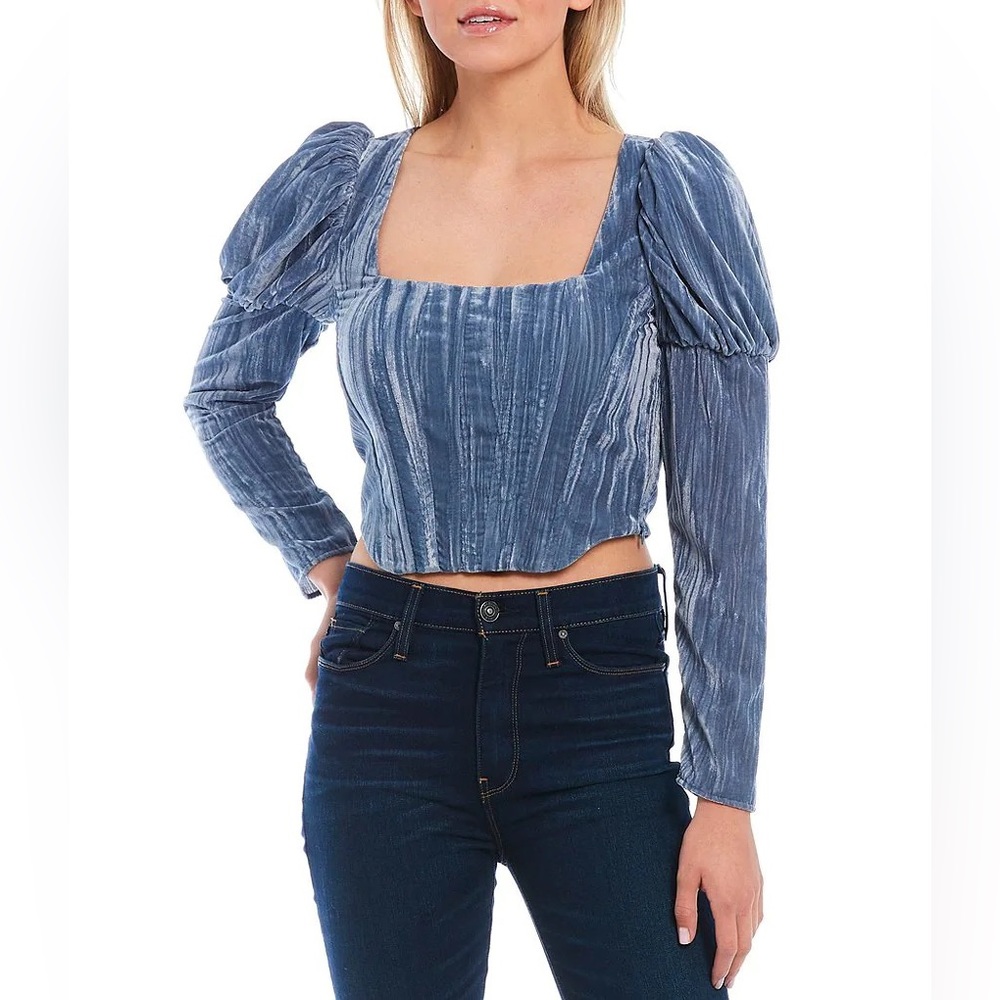 WAYF Square Neck Long Juliet Sleeve Velvet Bustier Top
